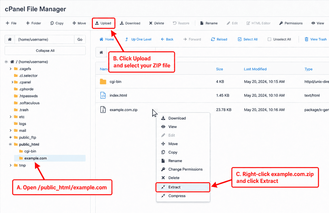 cPanel File Manager showing the website root folder and ZIP file