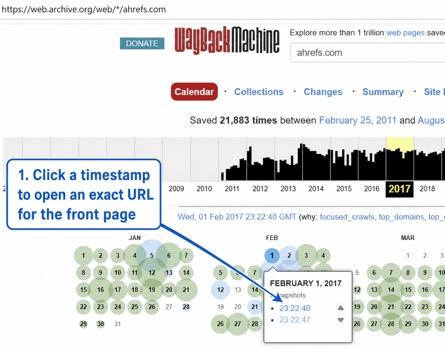 Wayback Machine calendar showing blue archived dates